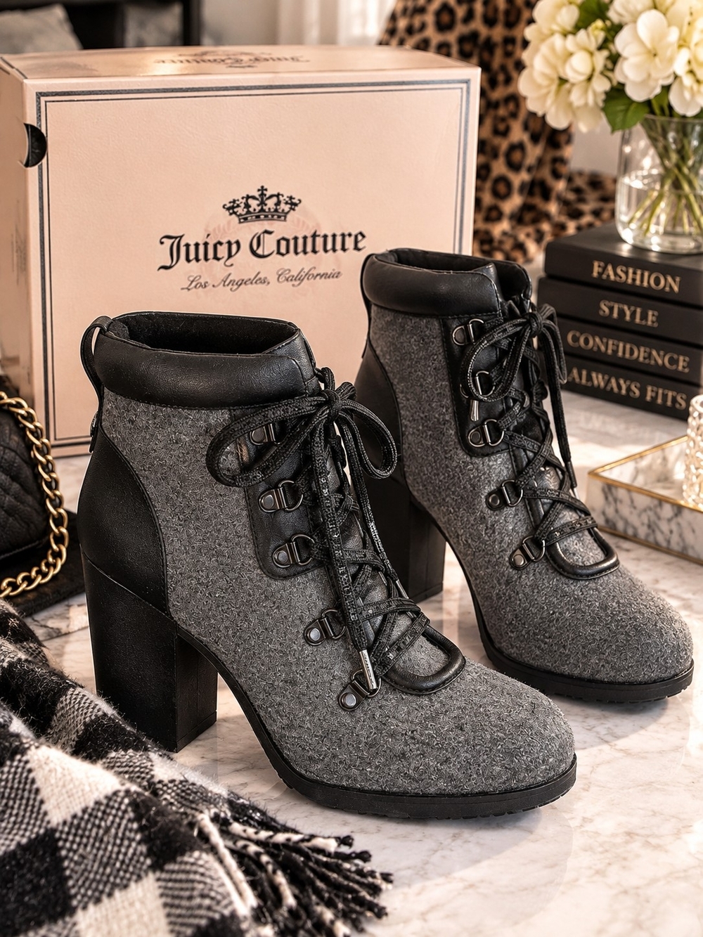 Juicy Couture Kaspar Grey Lace Up Block Heel Ankle Boots Size 9 W/BOX